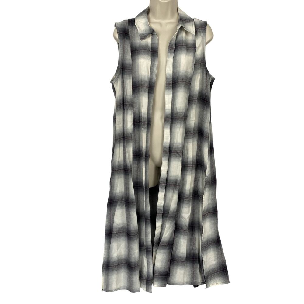 Cato Cardigan Flannel Top Womens Large Gray Plaid‎ Sleeveless Long Duster Logger